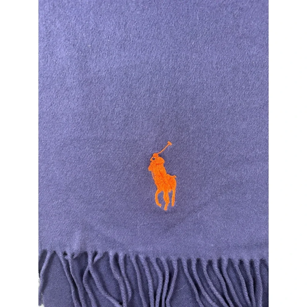 NWT Polo Ralph Lauren Navy Lambswool Scarf Orange Pony‎ Logo Fringe Preppy